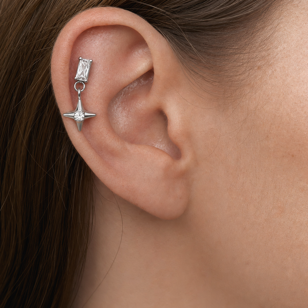 Clear CZ ASTM F136 Titanium Flat Back - Silver, Internally Threaded, 16G, 1.2 x 8+4 mm — wearing view four (P-FB-0088-S01)
