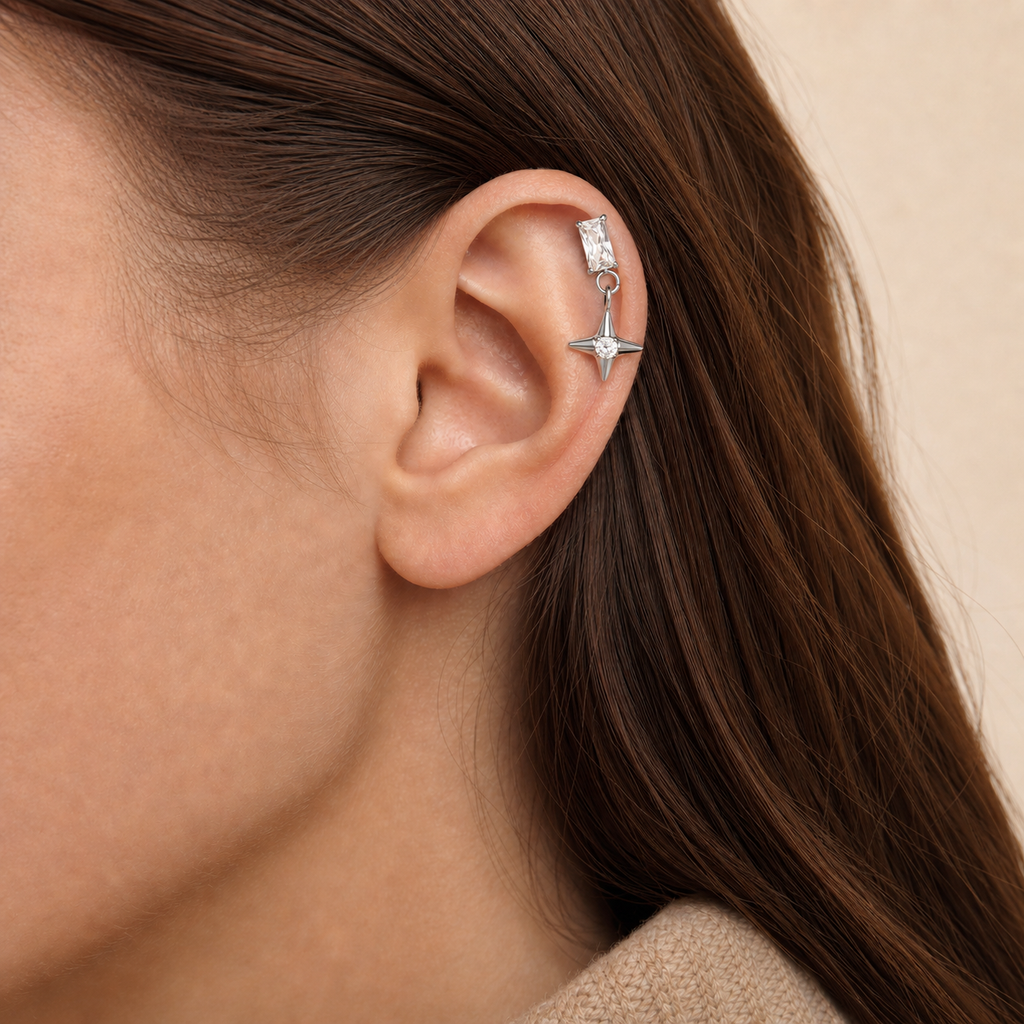 Clear CZ ASTM F136 Titanium Flat Back - Silver, Internally Threaded, 16G, 1.2 x 8+4 mm — wearing view one (P-FB-0088-S01)