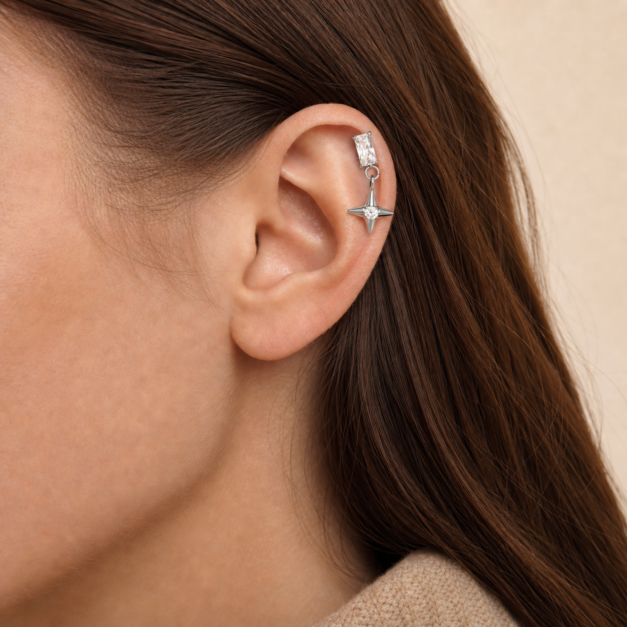 Clear CZ ASTM F136 Titanium Flat Back - Silver, Internally Threaded, 16G, 1.2 x 8+4 mm — wearing view one (P-FB-0088-S01)