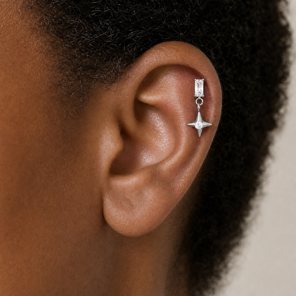 Clear CZ ASTM F136 Titanium Flat Back - Silver, Internally Threaded, 16G, 1.2 x 8+4 mm — wearing view two (P-FB-0088-S01)