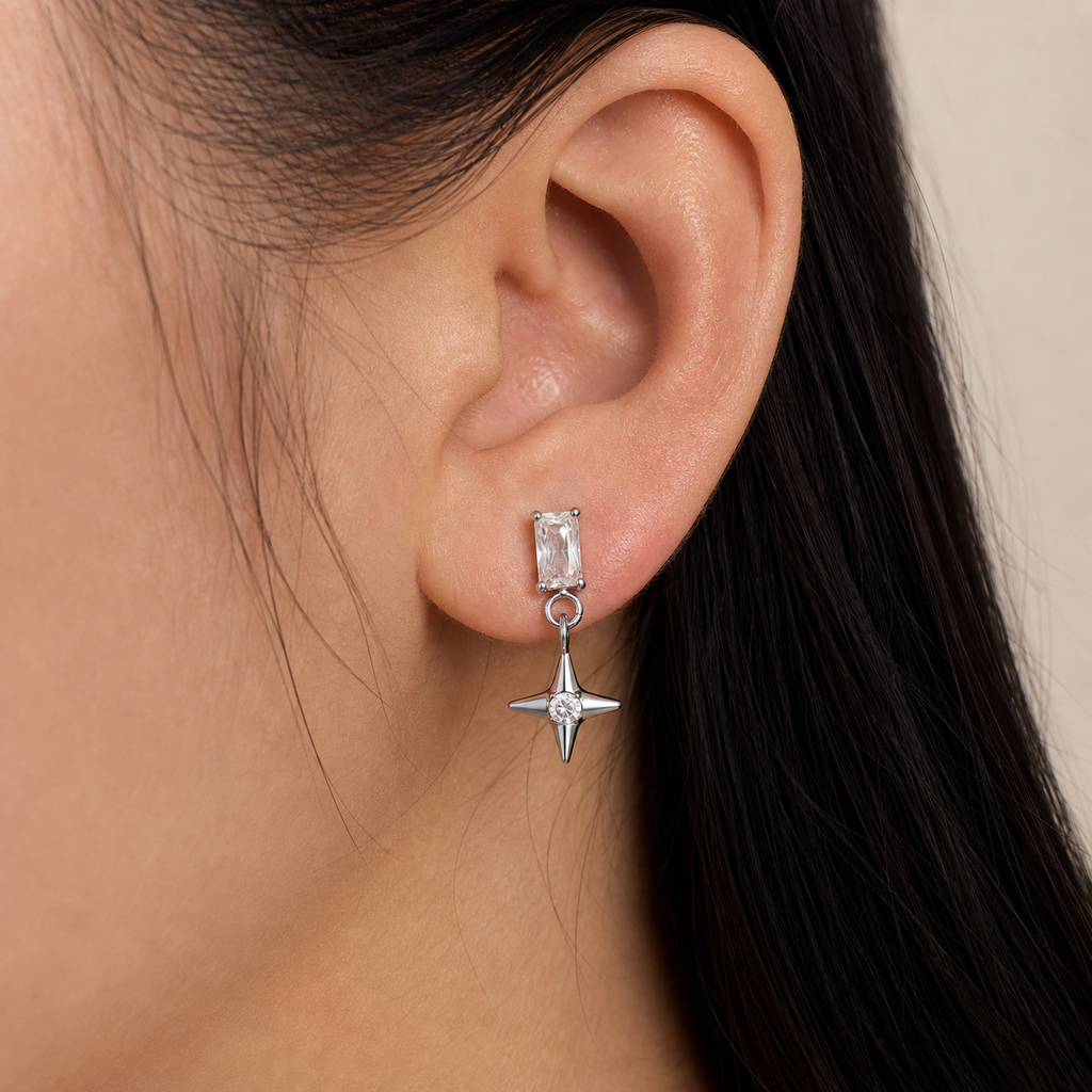 Clear CZ ASTM F136 Titanium Flat Back - Silver, Internally Threaded, 16G, 1.2 x 8+4 mm — wearing view three (P-FB-0088-S01)