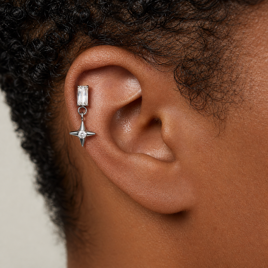 Clear CZ ASTM F136 Titanium Flat Back - Silver, Internally Threaded, 16G, 1.2 x 8+4 mm — wearing view five (P-FB-0088-S01)