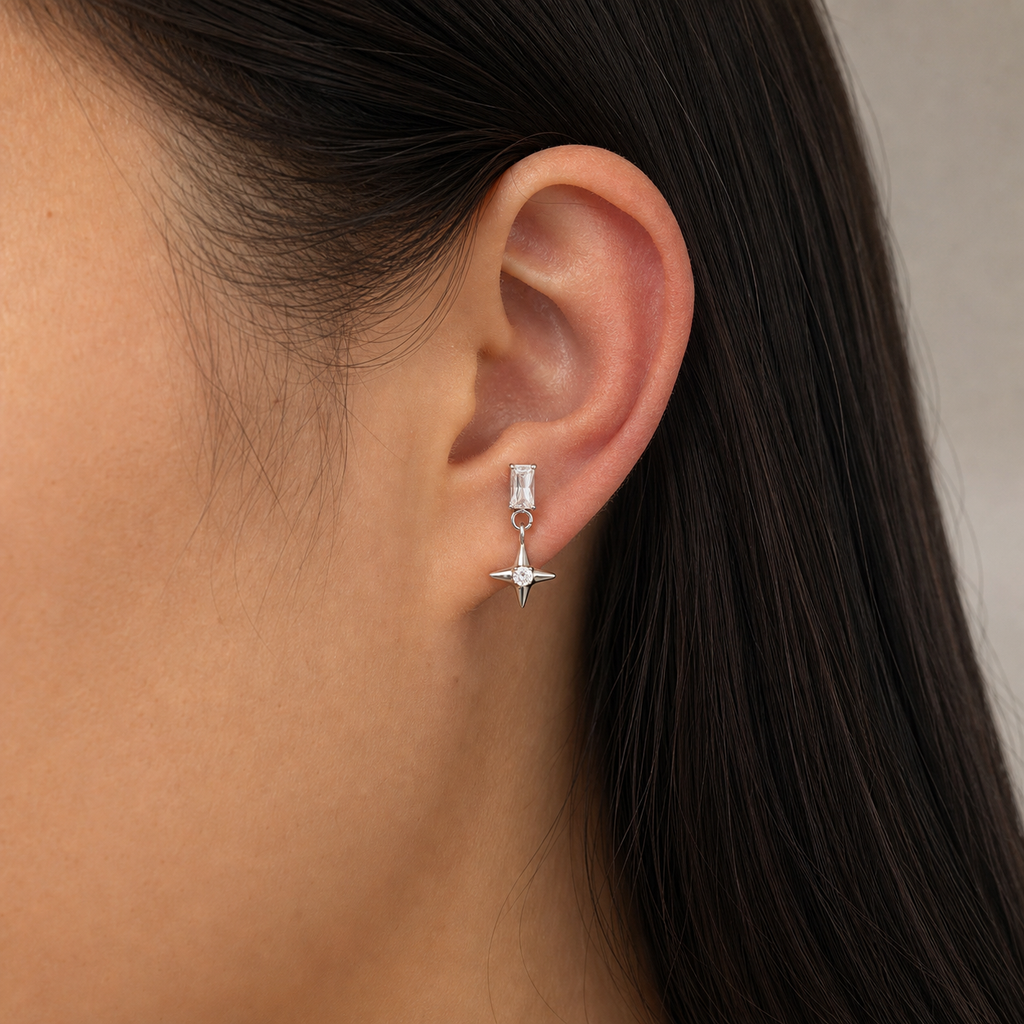 Clear CZ ASTM F136 Titanium Flat Back - Silver, Internally Threaded, 16G, 1.2 x 8+4 mm — wearing view six (P-FB-0088-S01)