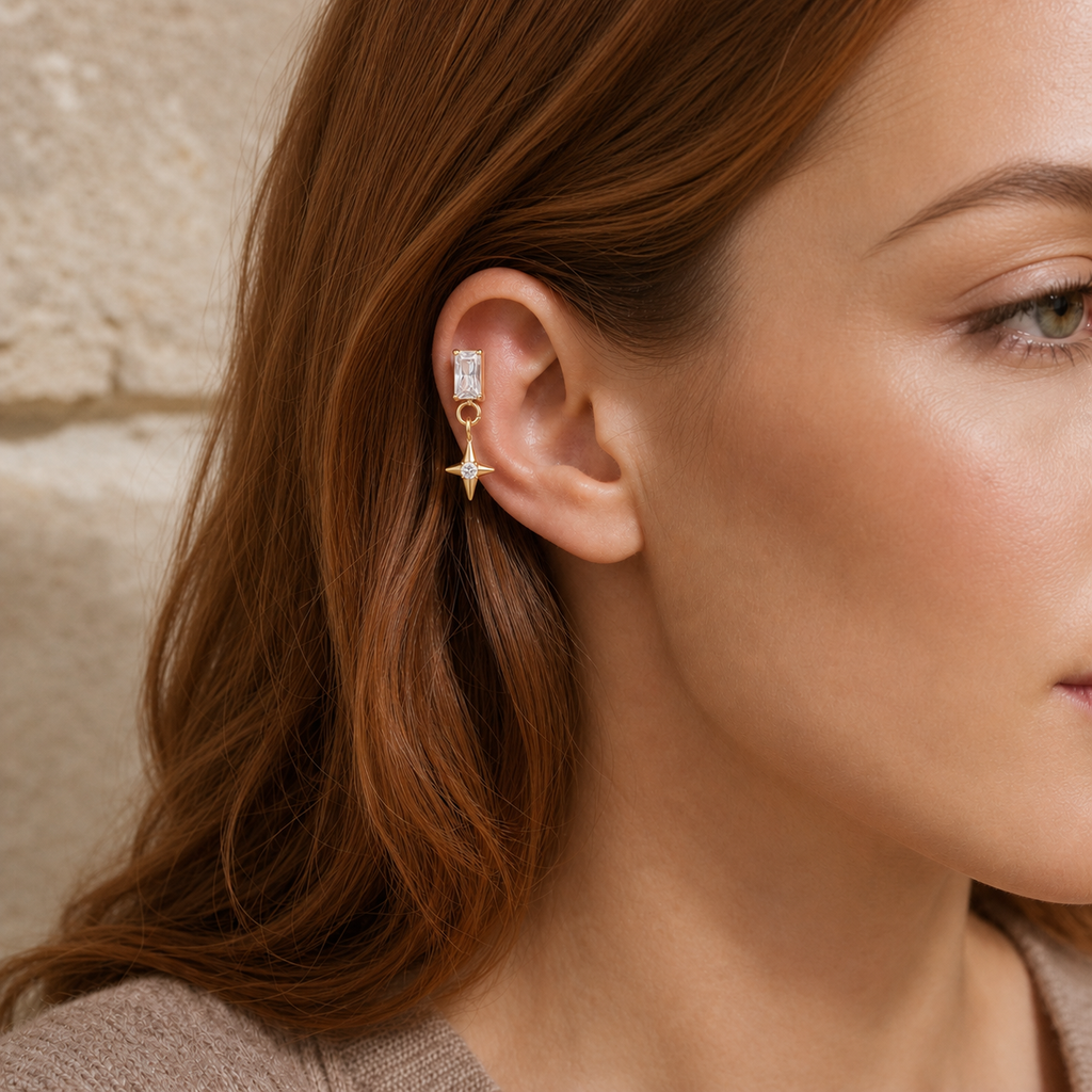 Clear CZ ASTM F136 Titanium Flat Back - Gold, Internally Threaded, 16G, 1.2 x 8+4 mm — wearing view one (P-FB-0089-G01)