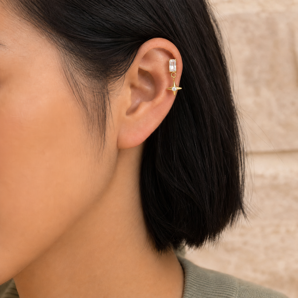 Clear CZ ASTM F136 Titanium Flat Back - Gold, Internally Threaded, 16G, 1.2 x 8+4 mm — wearing view three (P-FB-0089-G01)