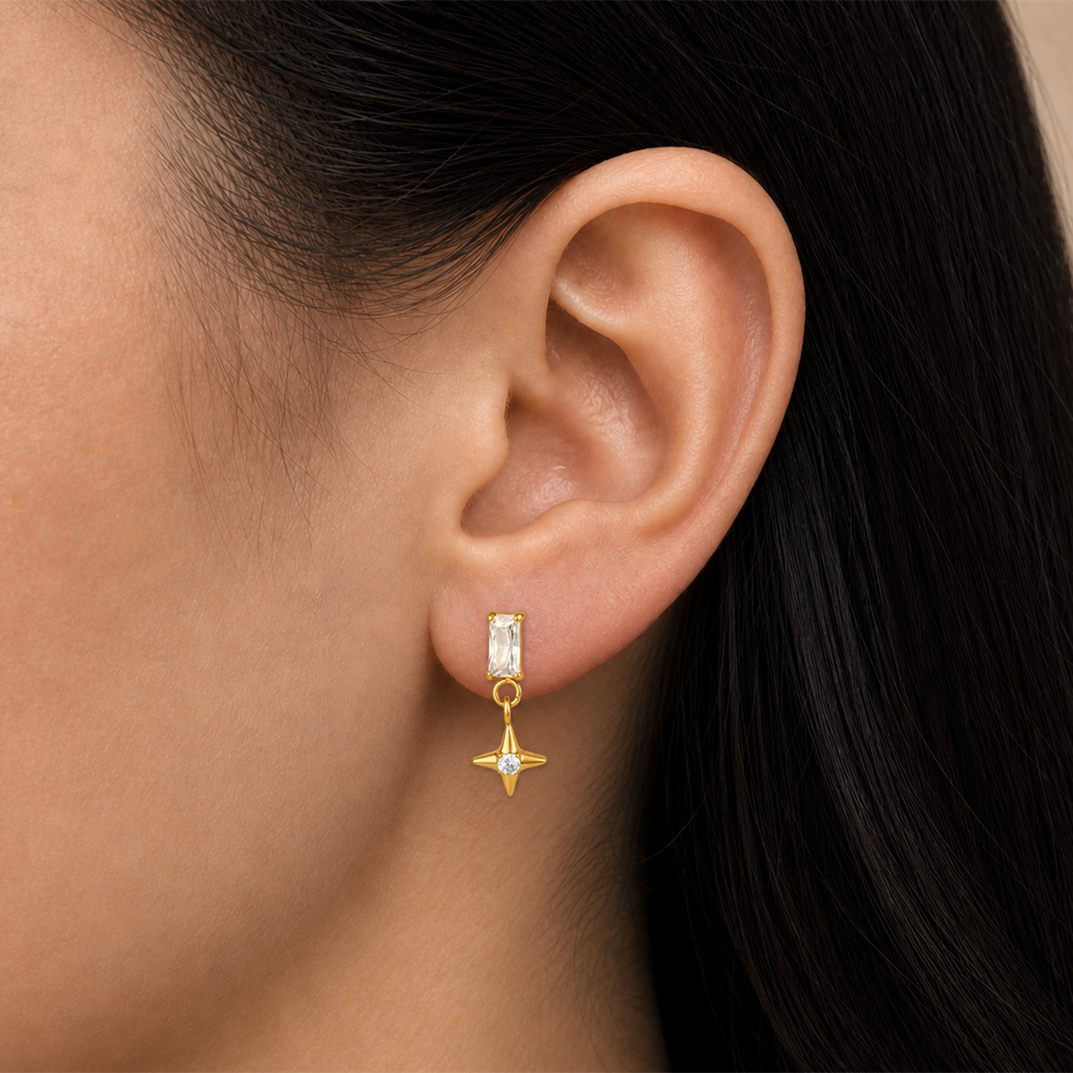 Clear CZ ASTM F136 Titanium Flat Back - Gold, Internally Threaded, 16G, 1.2 x 8+4 mm — wearing view four (P-FB-0089-G01)