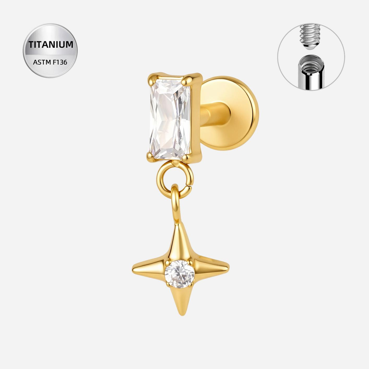 Clear CZ ASTM F136 Titanium Flat Back - Gold, Internally Threaded, 16G, 1.2 x 8+4 mm — product detail views (P-FB-0089-G01)