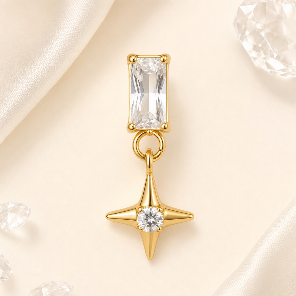 Clear CZ ASTM F136 Titanium Flat Back - Gold, Internally Threaded, 16G, 1.2 x 8+4 mm — styled flat lay (P-FB-0089-G01)