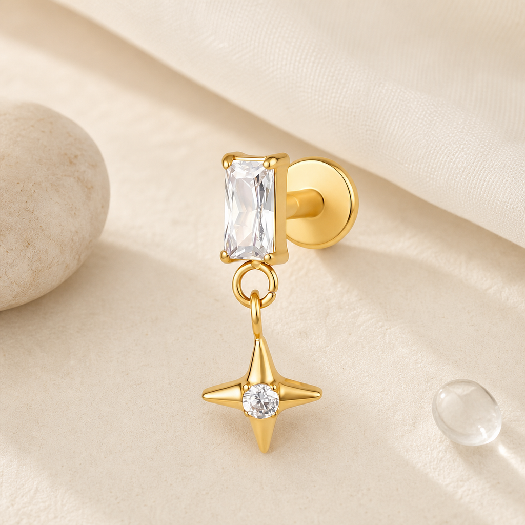 Clear CZ ASTM F136 Titanium Flat Back - Gold, Internally Threaded, 16G, 1.2 x 8+4 mm — styled flat lay (P-FB-0089-G01)