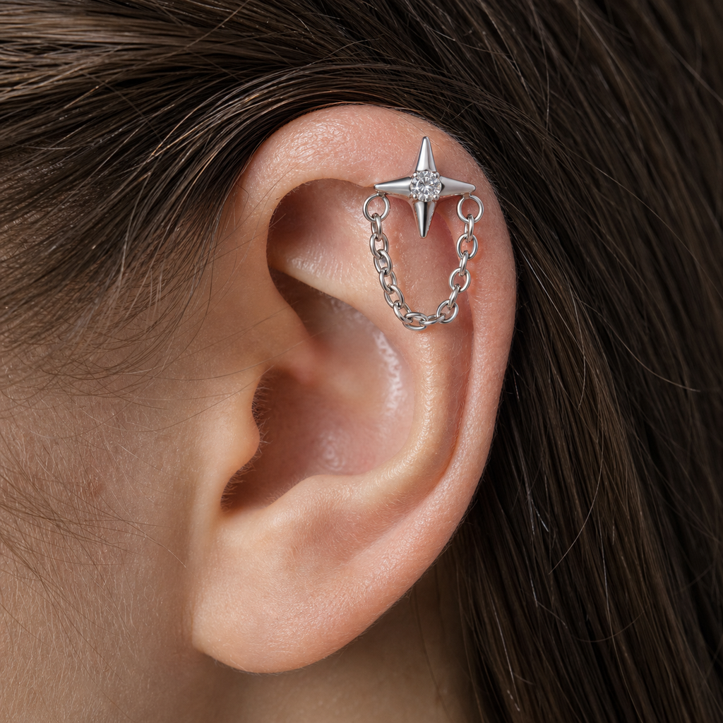Clear CZ ASTM F136 Titanium Flat Back - Silver, Internally Threaded, 16G, 1.2 x 8+4 mm — wearing view four (P-FB-0090-S01)