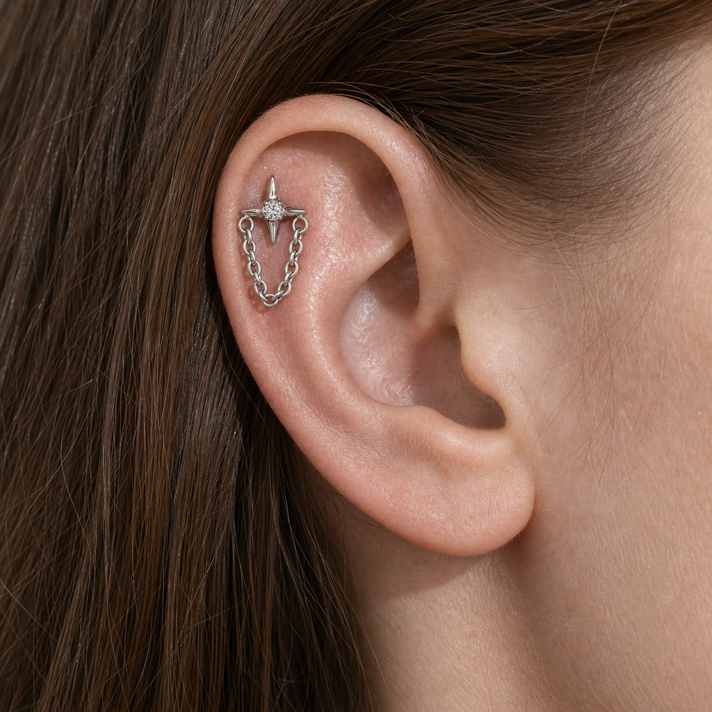 Clear CZ ASTM F136 Titanium Flat Back - Silver, Internally Threaded, 16G, 1.2 x 8+4 mm — wearing view one (P-FB-0090-S01)