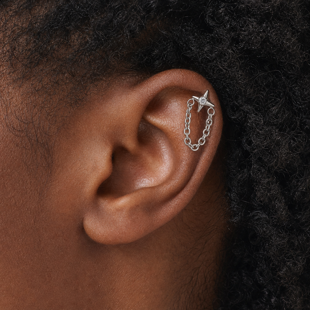 Clear CZ ASTM F136 Titanium Flat Back - Silver, Internally Threaded, 16G, 1.2 x 8+4 mm — wearing view two (P-FB-0090-S01)