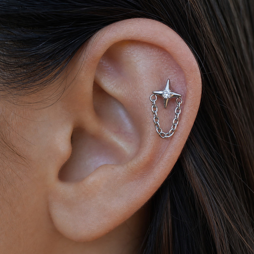Clear CZ ASTM F136 Titanium Flat Back - Silver, Internally Threaded, 16G, 1.2 x 8+4 mm — wearing view three (P-FB-0090-S01)