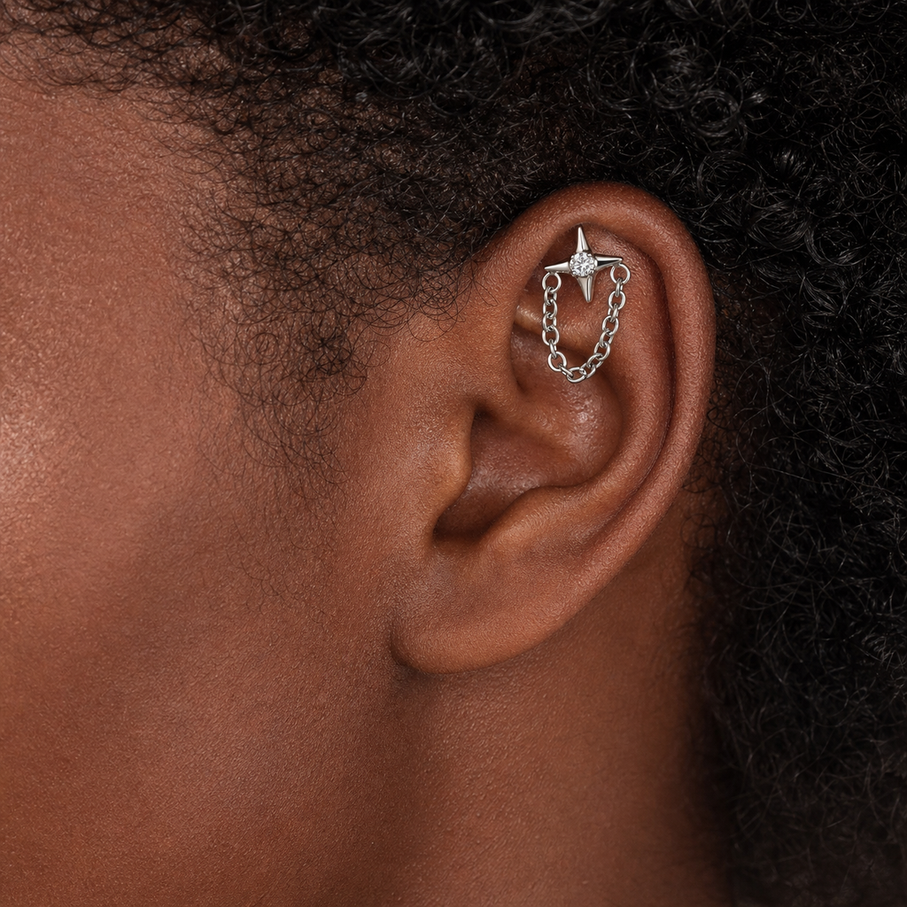 Clear CZ ASTM F136 Titanium Flat Back - Silver, Internally Threaded, 16G, 1.2 x 8+4 mm — wearing view five (P-FB-0090-S01)