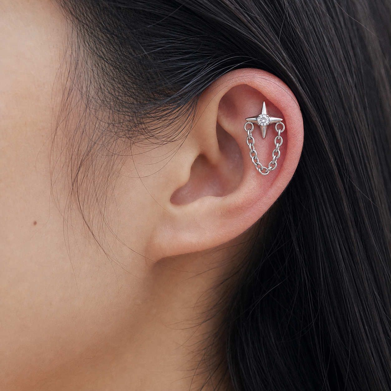 Clear CZ ASTM F136 Titanium Flat Back - Silver, Internally Threaded, 16G, 1.2 x 8+4 mm — wearing view six (P-FB-0090-S01)