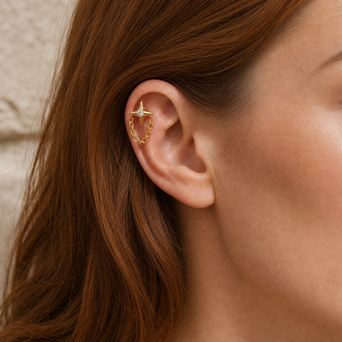 Clear CZ ASTM F136 Titanium Flat Back - Gold, Internally Threaded, 16G, 1.2 x 8+4 mm — wearing view two (P-FB-0091-G01)