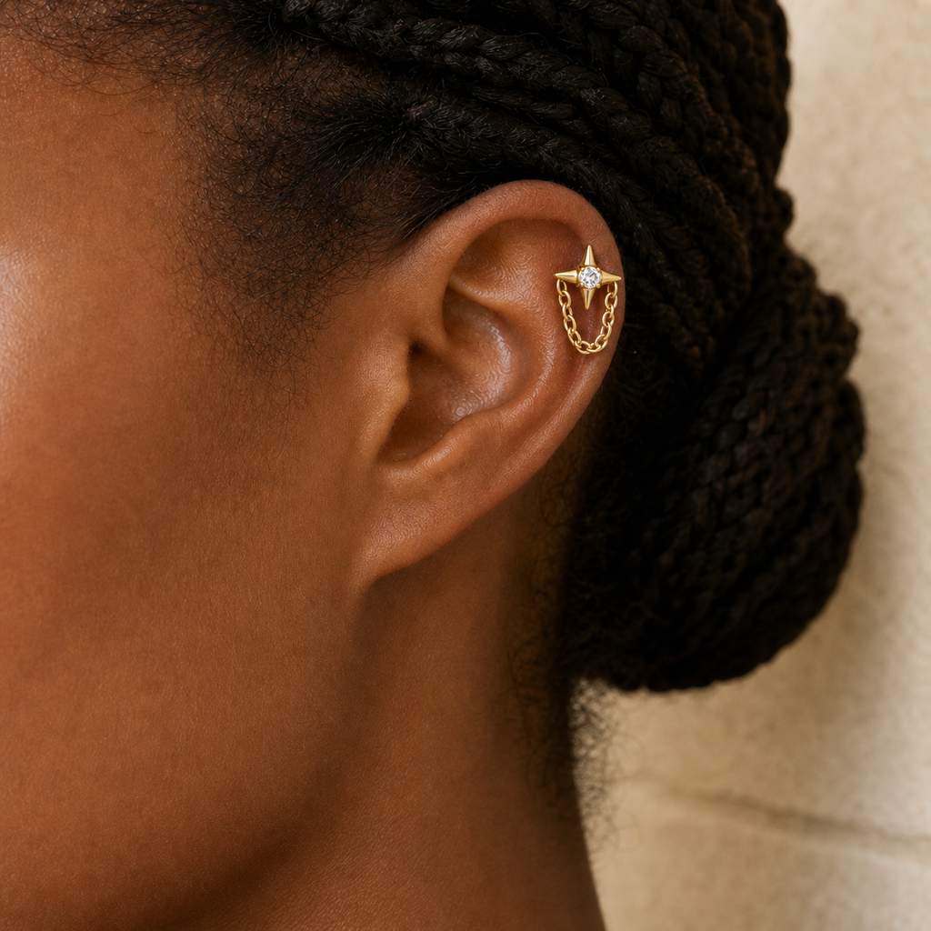 Clear CZ ASTM F136 Titanium Flat Back - Gold, Internally Threaded, 16G, 1.2 x 8+4 mm — wearing view three (P-FB-0091-G01)