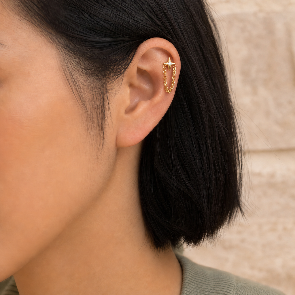 Clear CZ ASTM F136 Titanium Flat Back - Gold, Internally Threaded, 16G, 1.2 x 8+4 mm — wearing view four (P-FB-0091-G01)