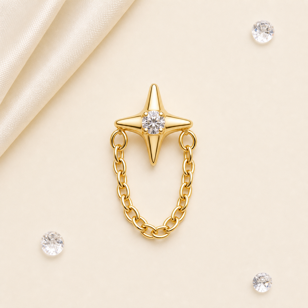 Clear CZ ASTM F136 Titanium Flat Back - Gold, Internally Threaded, 16G, 1.2 x 8+4 mm — styled flat lay (P-FB-0091-G01)
