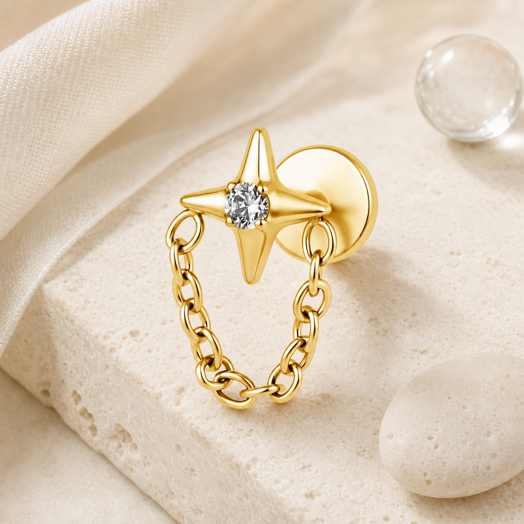 Clear CZ ASTM F136 Titanium Flat Back - Gold, Internally Threaded, 16G, 1.2 x 8+4 mm — styled flat lay (P-FB-0091-G01)