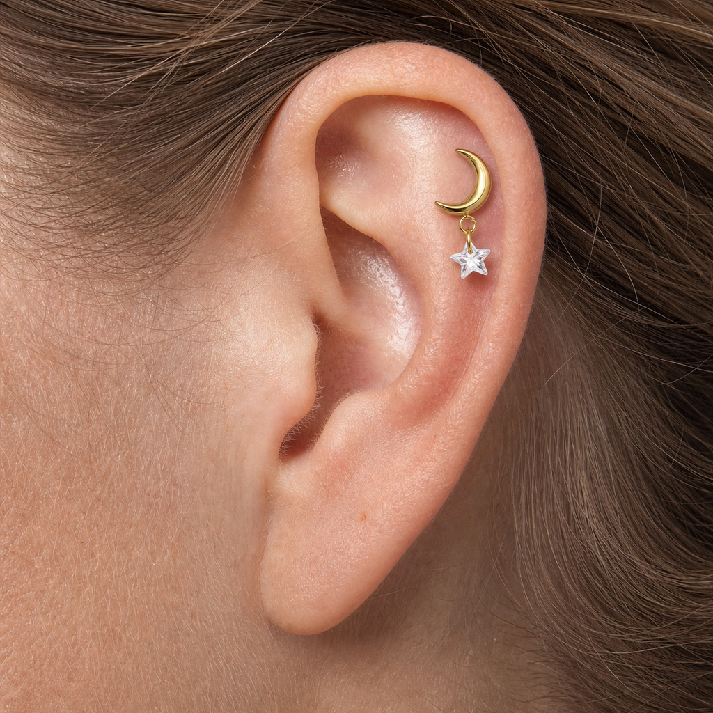 Clear CZ ASTM F136 Titanium Flat Back - Gold, Internally Threaded, 16G, 1.2 x 6+4 mm — wearing view one (P-FB-0092-G01)