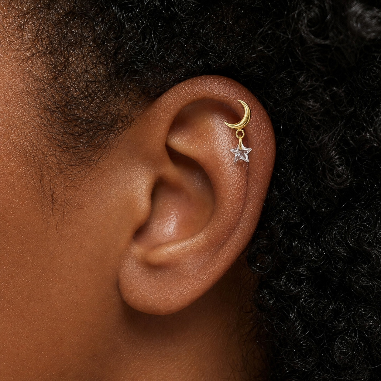 Clear CZ ASTM F136 Titanium Flat Back - Gold, Internally Threaded, 16G, 1.2 x 6+4 mm — wearing view two (P-FB-0092-G01)