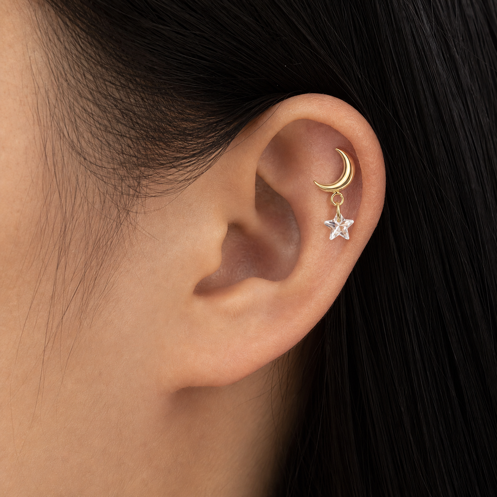 Clear CZ ASTM F136 Titanium Flat Back - Gold, Internally Threaded, 16G, 1.2 x 6+4 mm — wearing view three (P-FB-0092-G01)