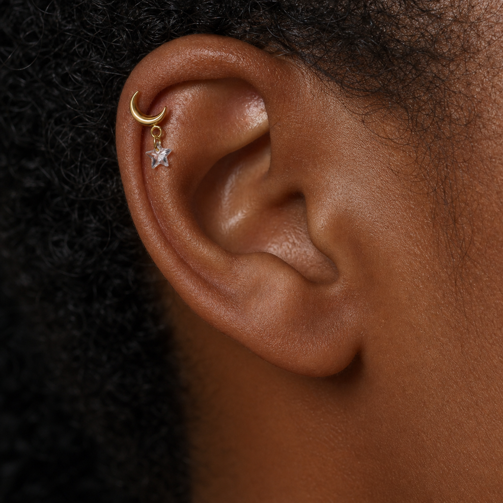 Clear CZ ASTM F136 Titanium Flat Back - Gold, Internally Threaded, 16G, 1.2 x 6+4 mm — wearing view five (P-FB-0092-G01)