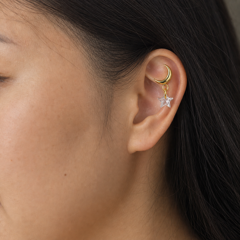 Clear CZ ASTM F136 Titanium Flat Back - Gold, Internally Threaded, 16G, 1.2 x 6+4 mm — wearing view six (P-FB-0092-G01)