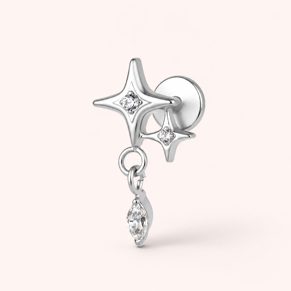 Clear CZ ASTM F136 Titanium Flat Back - Silver, Threadless, 16G, 1.2 x 6+4 mm — primary product image (P-FB-0093-S01)