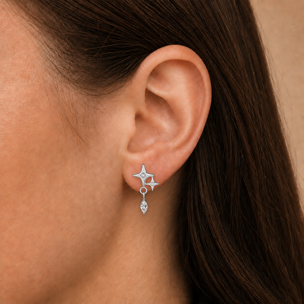 Clear CZ ASTM F136 Titanium Flat Back - Silver, Threadless, 16G, 1.2 x 6+4 mm — wearing view two (P-FB-0093-S01)
