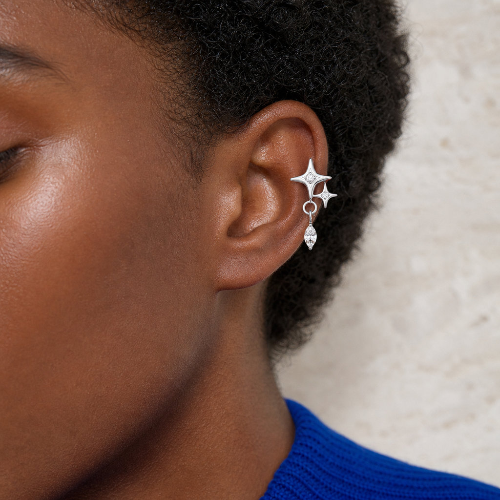 Clear CZ ASTM F136 Titanium Flat Back - Silver, Threadless, 16G, 1.2 x 6+4 mm — wearing view two (P-FB-0093-S01)