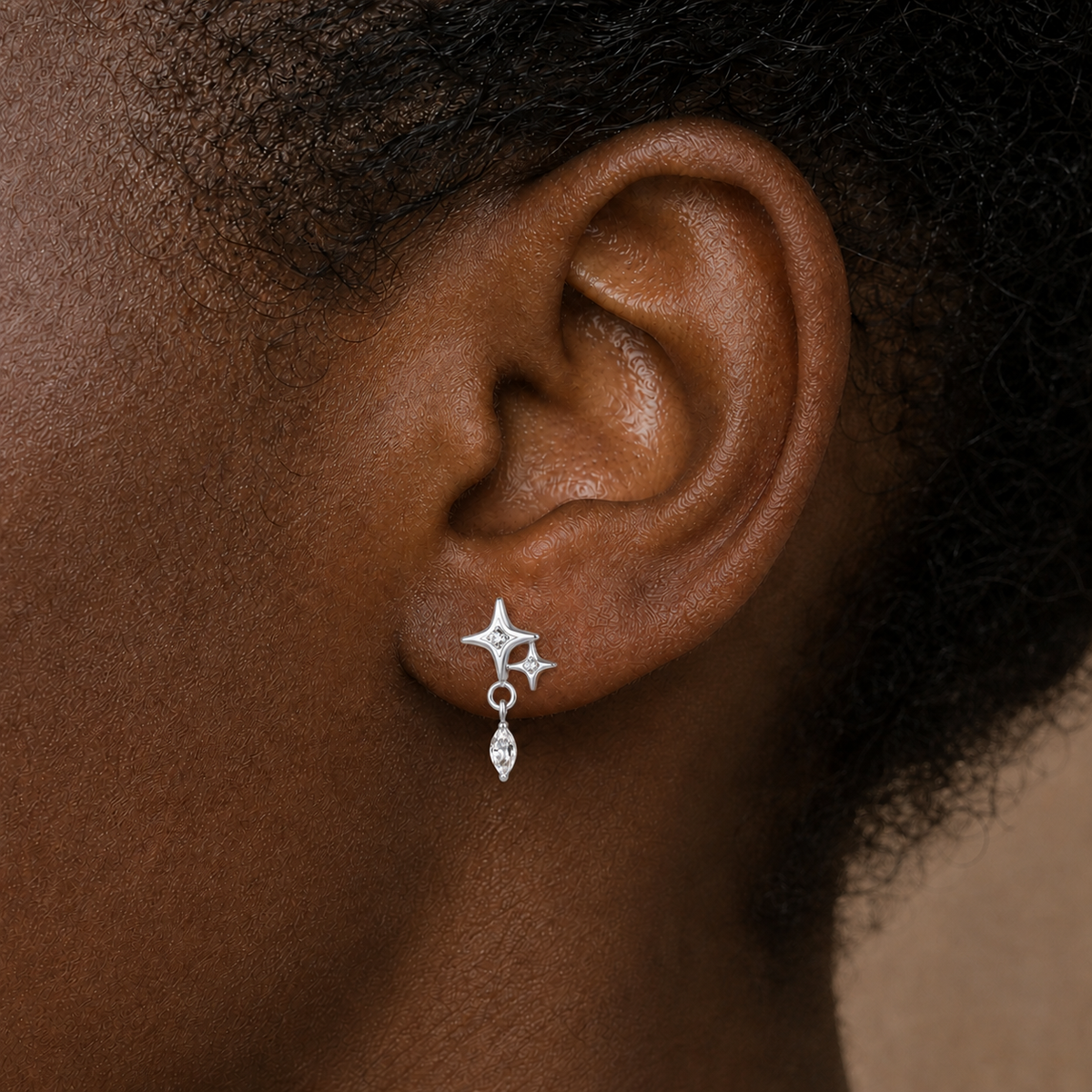 Clear CZ ASTM F136 Titanium Flat Back - Silver, Threadless, 16G, 1.2 x 6+4 mm — wearing view three (P-FB-0093-S01)