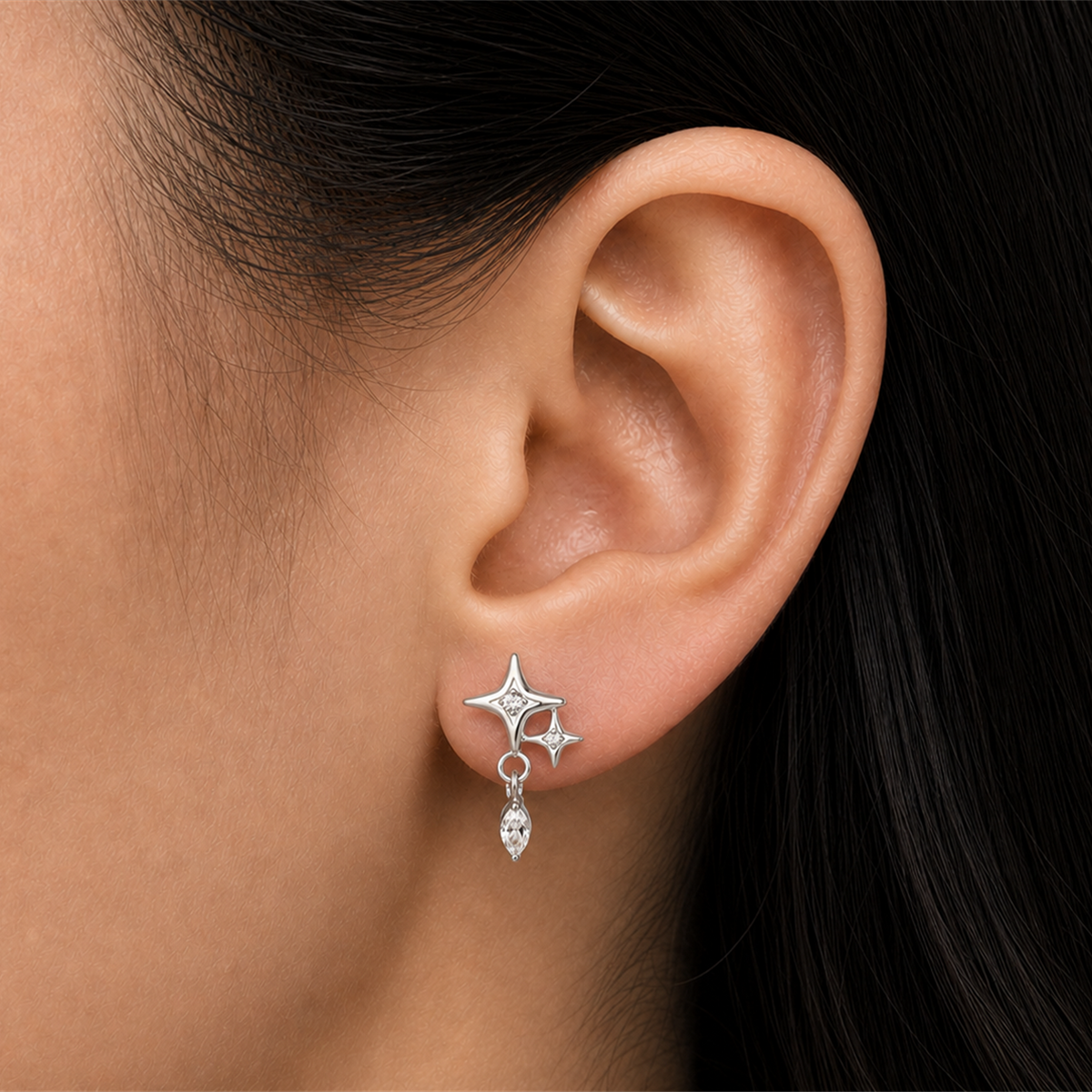 Clear CZ ASTM F136 Titanium Flat Back - Silver, Threadless, 16G, 1.2 x 6+4 mm — wearing view four (P-FB-0093-S01)