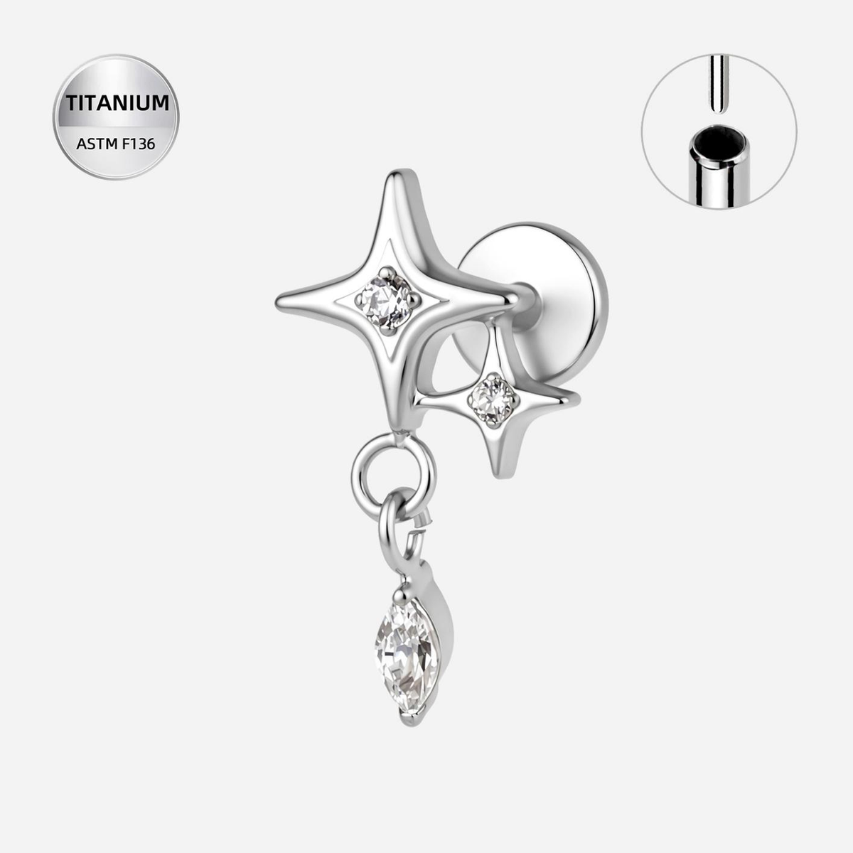 Clear CZ ASTM F136 Titanium Flat Back - Silver, Threadless, 16G, 1.2 x 6+4 mm — product detail views (P-FB-0093-S01)