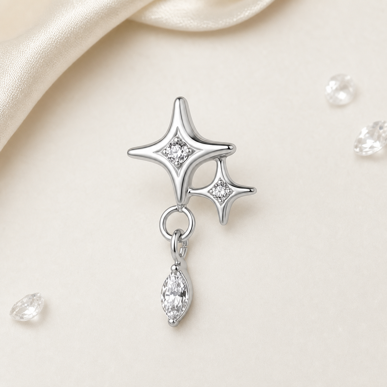 Clear CZ ASTM F136 Titanium Flat Back - Silver, Threadless, 16G, 1.2 x 6+4 mm — styled flat lay (P-FB-0093-S01)
