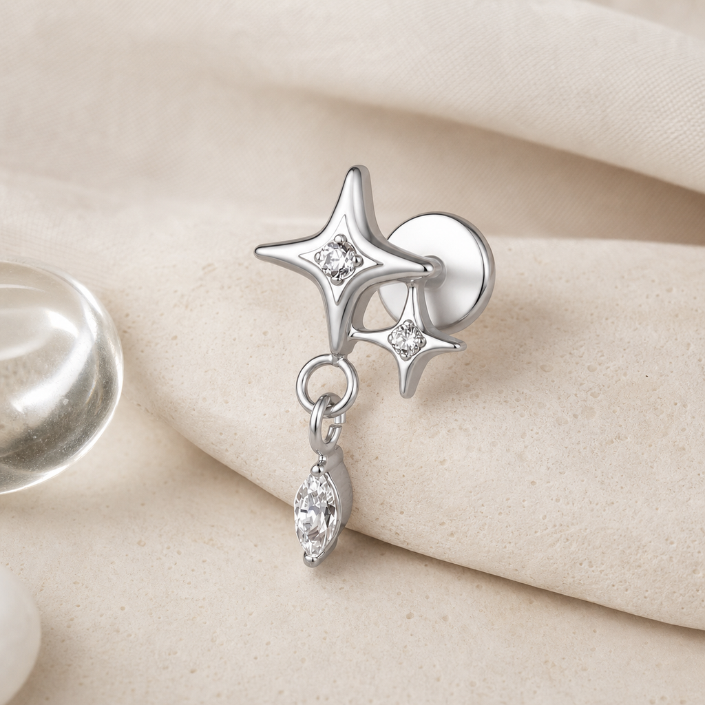 Clear CZ ASTM F136 Titanium Flat Back - Silver, Threadless, 16G, 1.2 x 6+4 mm — styled flat lay (P-FB-0093-S01)
