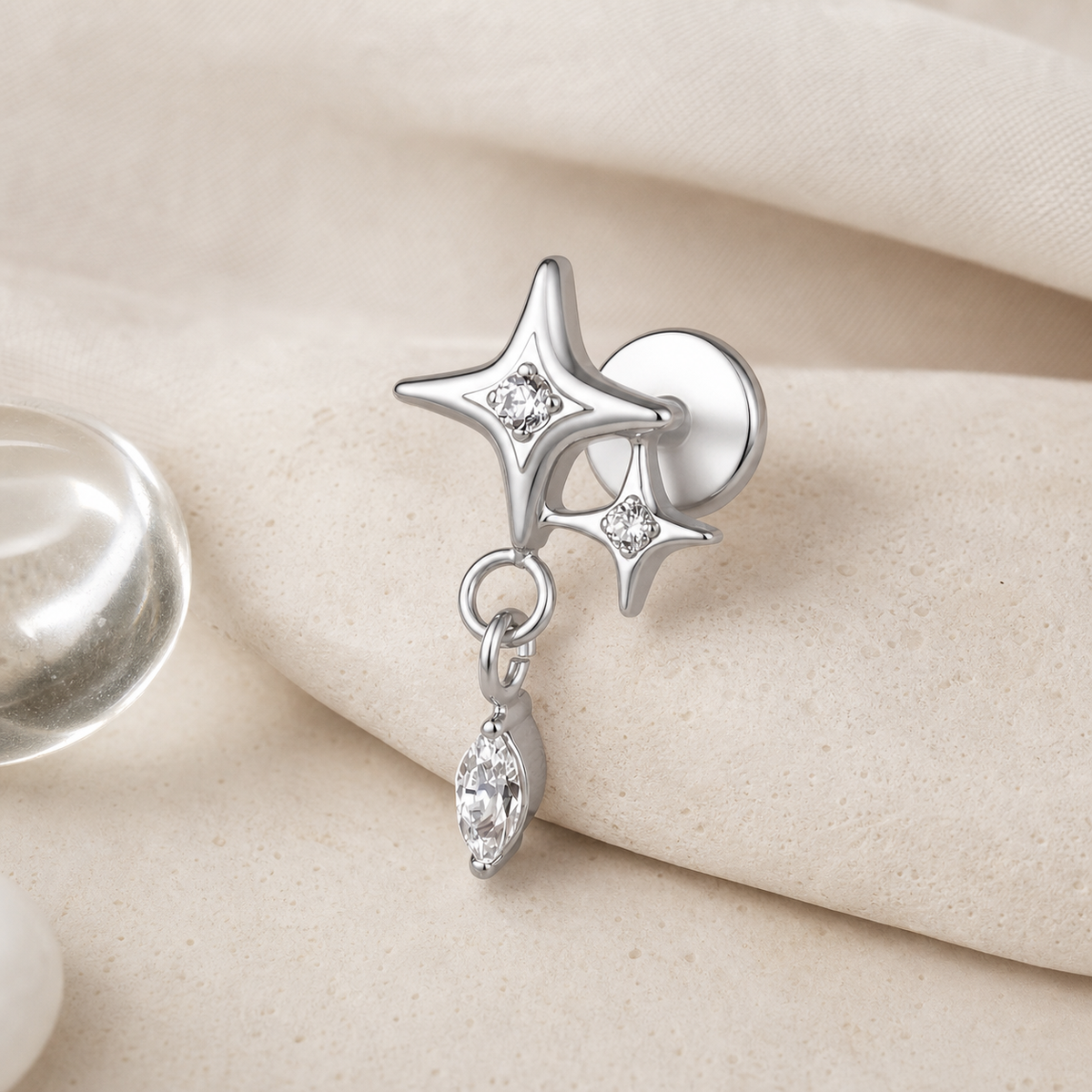 Clear CZ ASTM F136 Titanium Flat Back - Silver, Threadless, 16G, 1.2 x 6+4 mm — styled flat lay (P-FB-0093-S01)