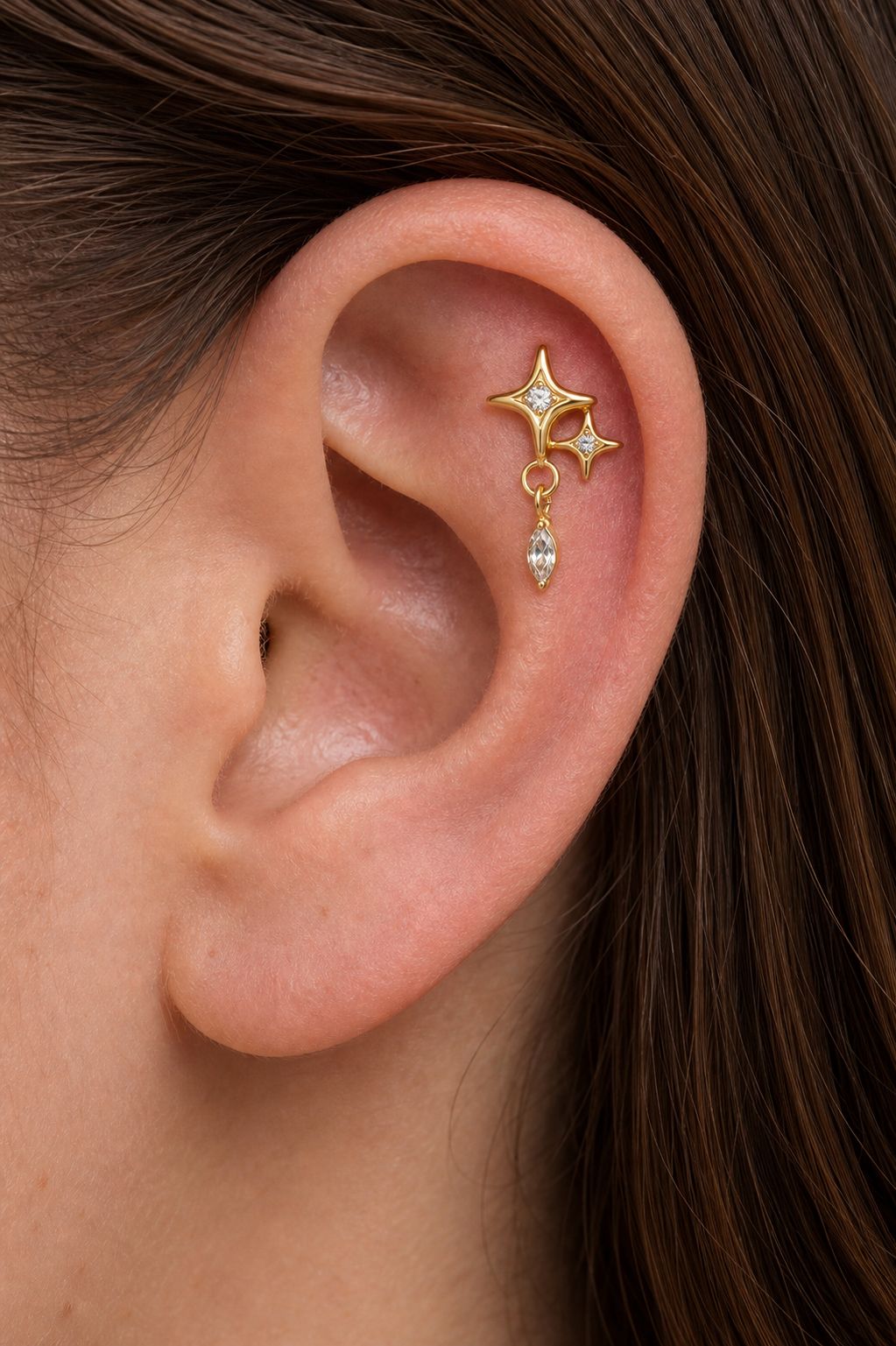 Clear CZ ASTM F136 Titanium Flat Back - Gold, Threadless, 16G, 1.2 x 6+4 mm — wearing view four (P-FB-0094-G01)
