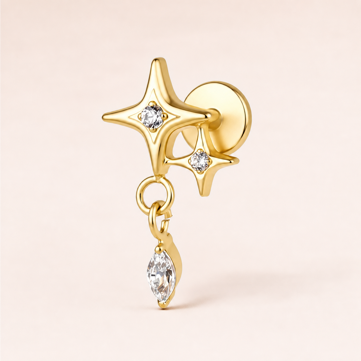 Clear CZ ASTM F136 Titanium Flat Back - Gold, Threadless, 16G, 1.2 x 6+4 mm — primary product image (P-FB-0094-G01)