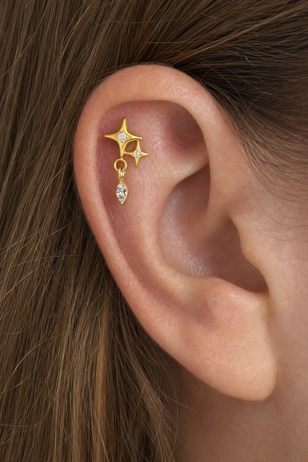 Clear CZ ASTM F136 Titanium Flat Back - Gold, Threadless, 16G, 1.2 x 6+4 mm — wearing view one (P-FB-0094-G01)