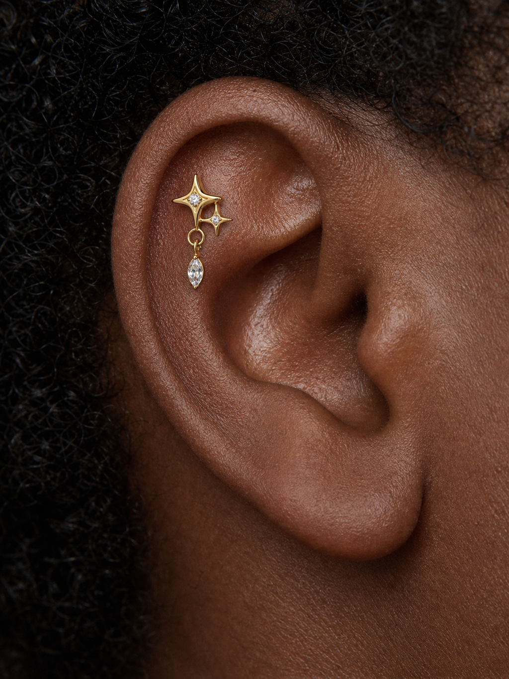 Clear CZ ASTM F136 Titanium Flat Back - Gold, Threadless, 16G, 1.2 x 6+4 mm — wearing view two (P-FB-0094-G01)