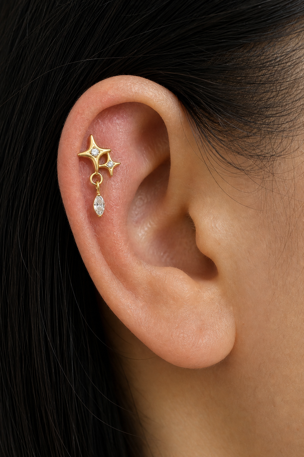 Clear CZ ASTM F136 Titanium Flat Back - Gold, Threadless, 16G, 1.2 x 6+4 mm — wearing view three (P-FB-0094-G01)