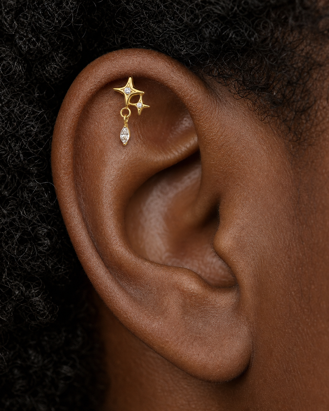 Clear CZ ASTM F136 Titanium Flat Back - Gold, Threadless, 16G, 1.2 x 6+4 mm — wearing view five (P-FB-0094-G01)