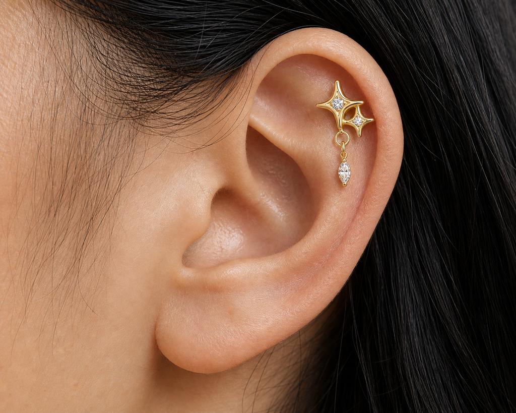 Clear CZ ASTM F136 Titanium Flat Back - Gold, Threadless, 16G, 1.2 x 6+4 mm — wearing view six (P-FB-0094-G01)