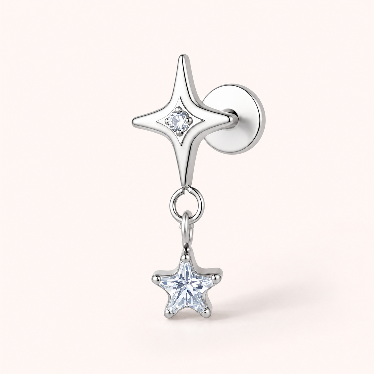 Clear CZ ASTM F136 Titanium Flat Back - Silver, Threadless, 16G, 1.2 x 6+4 mm — primary product image (P-FB-0095-S01)