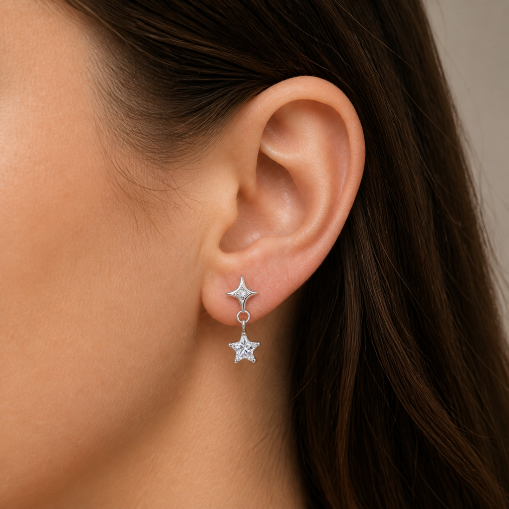 Clear CZ ASTM F136 Titanium Flat Back - Silver, Threadless, 16G, 1.2 x 6+4 mm — wearing view two (P-FB-0095-S01)