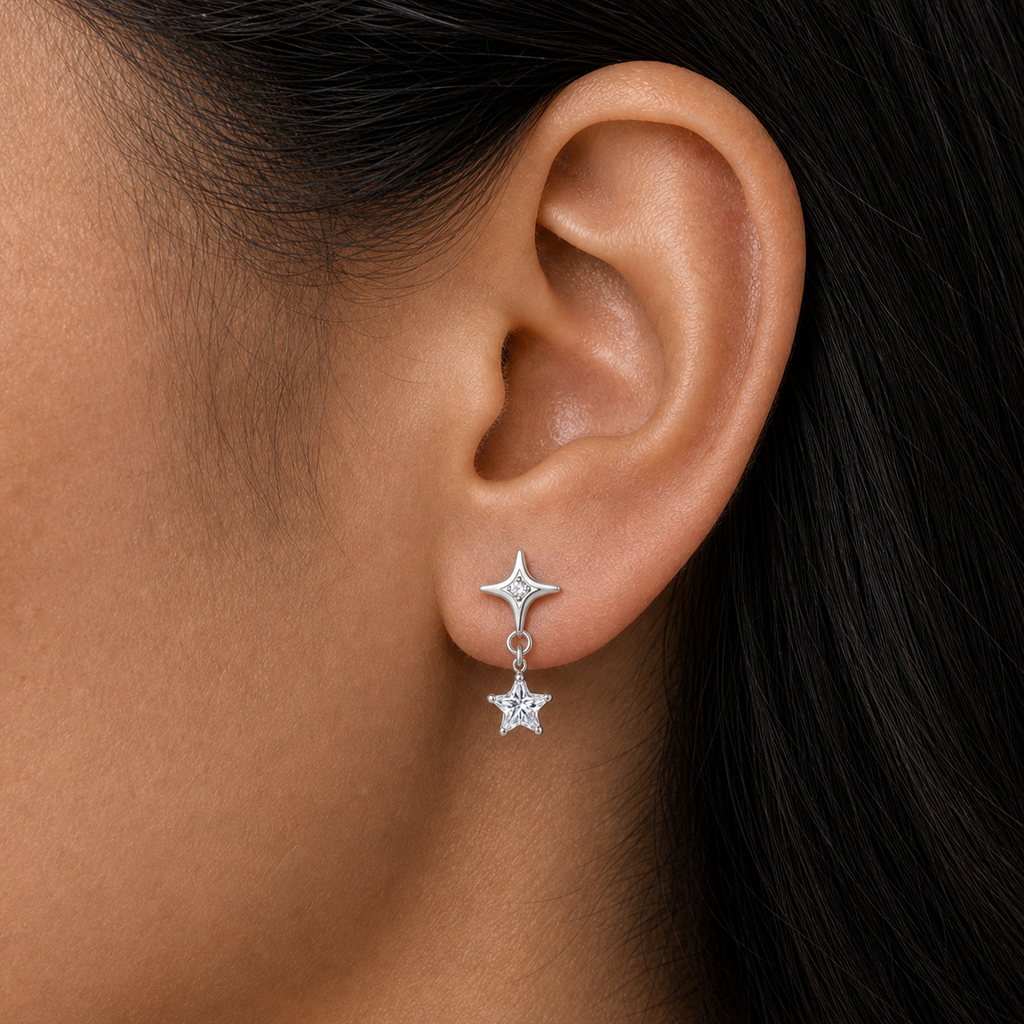 Clear CZ ASTM F136 Titanium Flat Back - Silver, Threadless, 16G, 1.2 x 6+4 mm — wearing view four (P-FB-0095-S01)