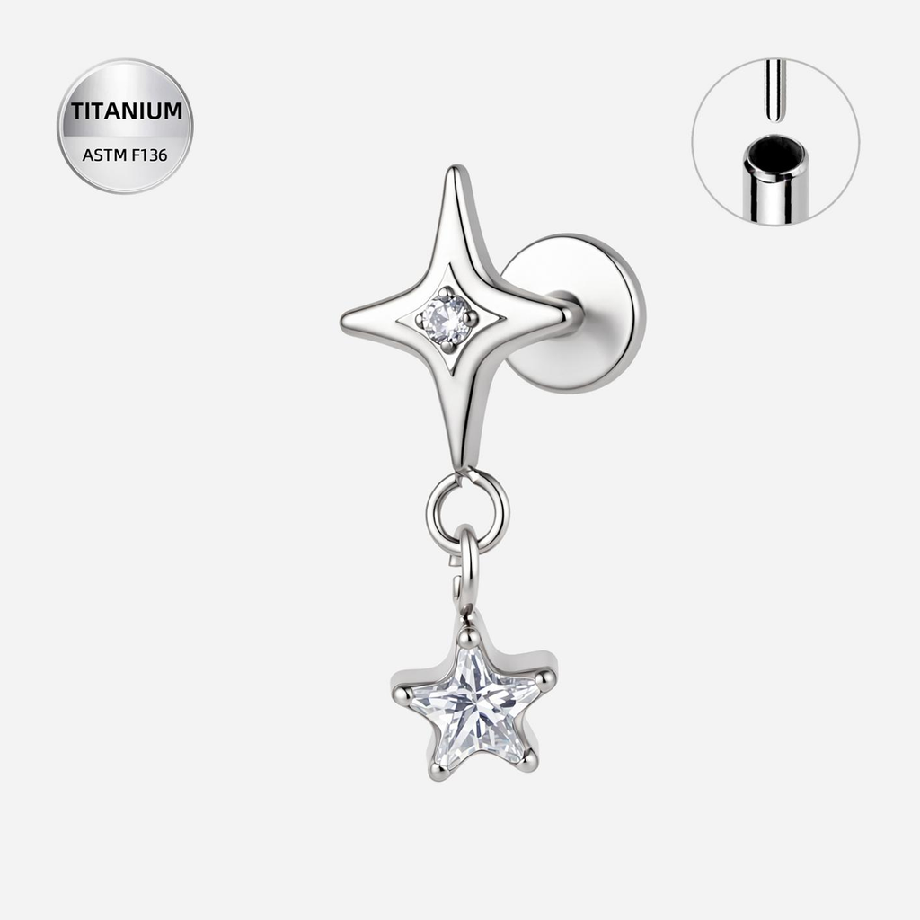 Clear CZ ASTM F136 Titanium Flat Back - Silver, Threadless, 16G, 1.2 x 6+4 mm — product detail views (P-FB-0095-S01)