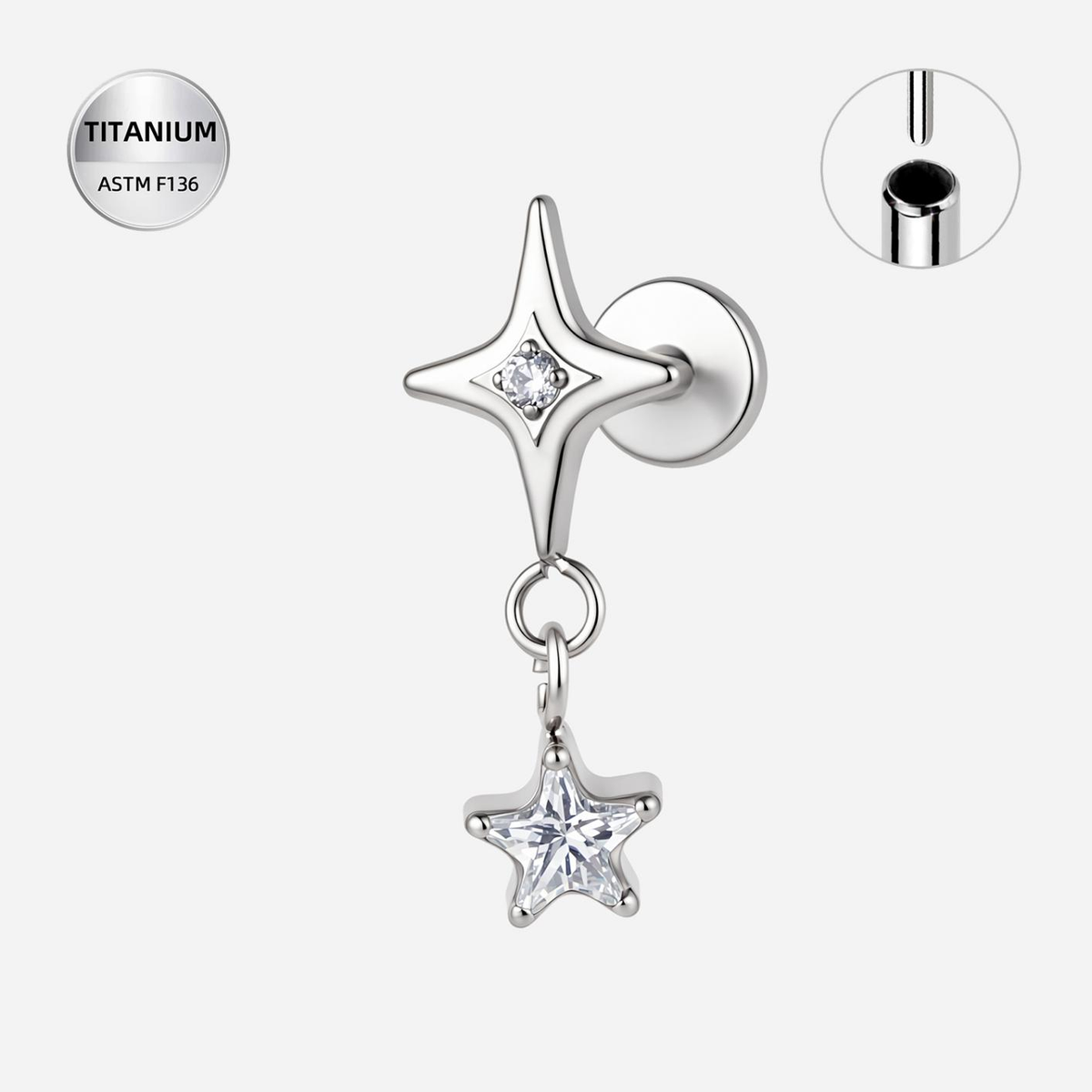 Clear CZ ASTM F136 Titanium Flat Back - Silver, Threadless, 16G, 1.2 x 6+4 mm — product detail views (P-FB-0095-S01)